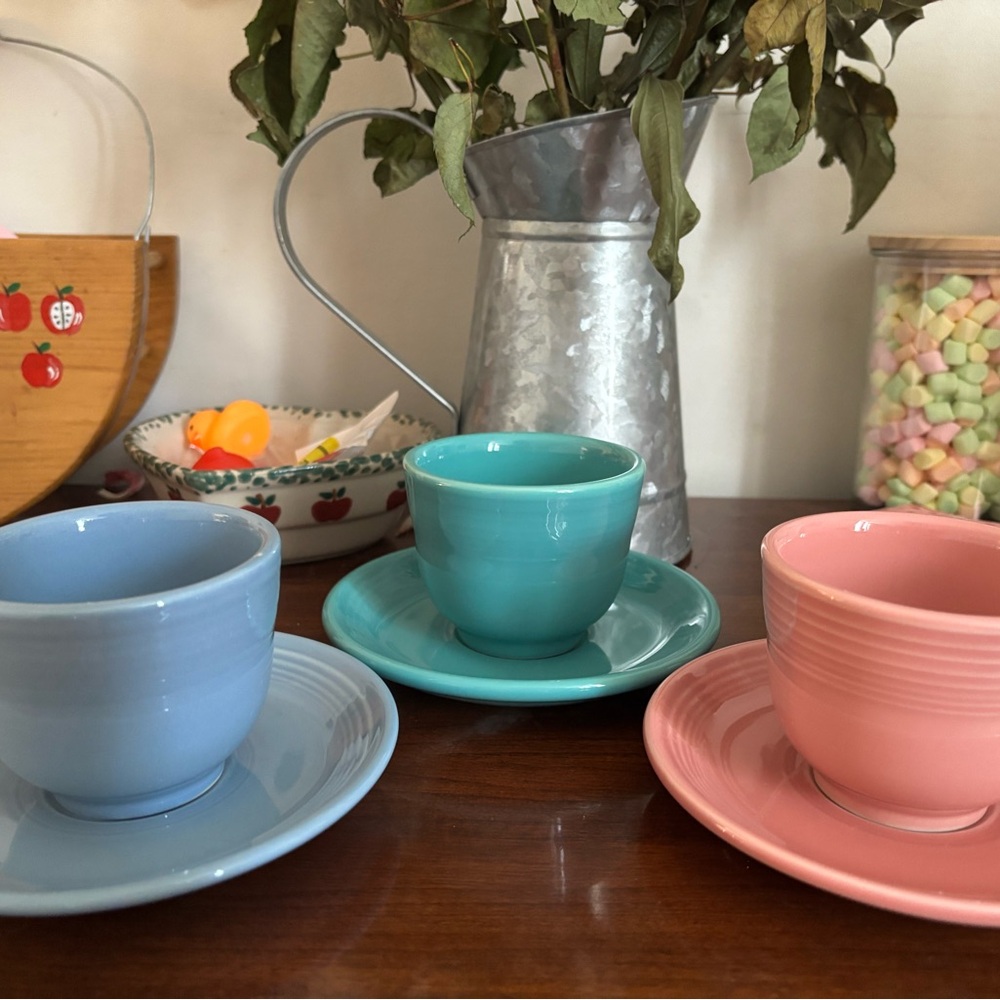 Fiesta Blue, Teal, and Pink Cup and Saucer Set